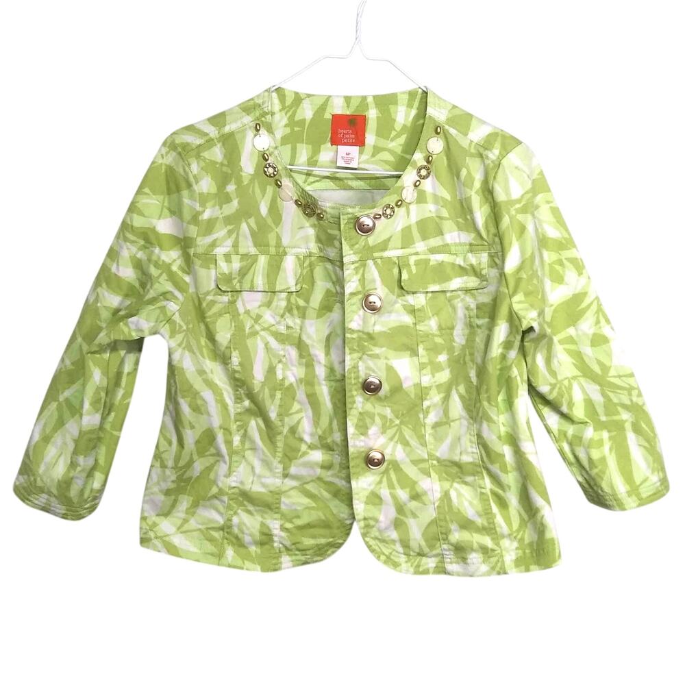 HEARTS OF PALM Tropical Floral Cropped Jacket - Green Print - Size 6P